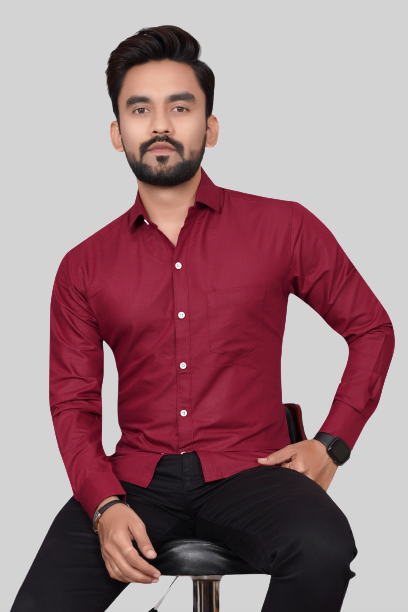 Men's Regular Fit Solid Spread Collar Casual Maroon Shirt