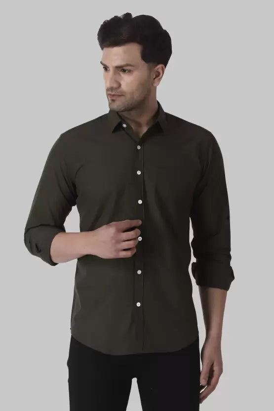 Men's Regular Fit Solid Spread Collar Casual Mehndi Green Shirt