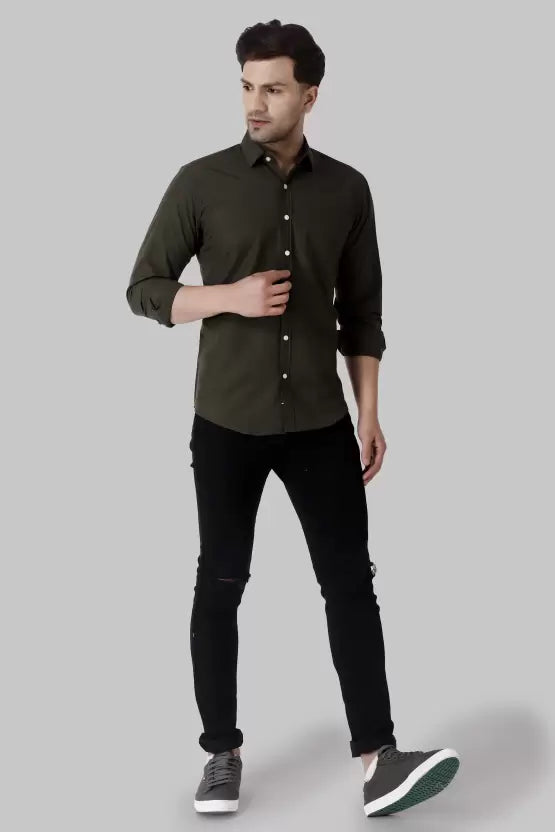 Men's Regular Fit Solid Spread Collar Casual Mehndi Green Shirt