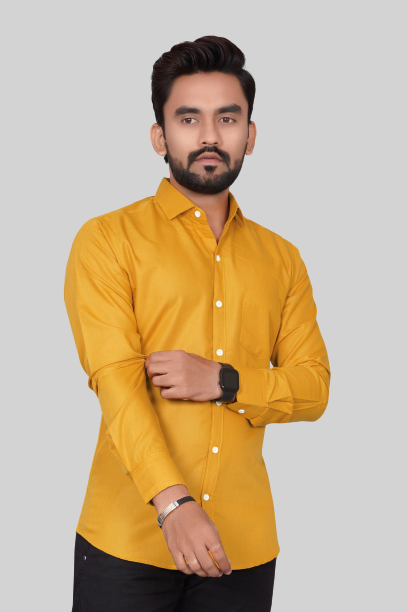 Men's Regular Fit Solid Spread Collar Casual Musterd Shirt