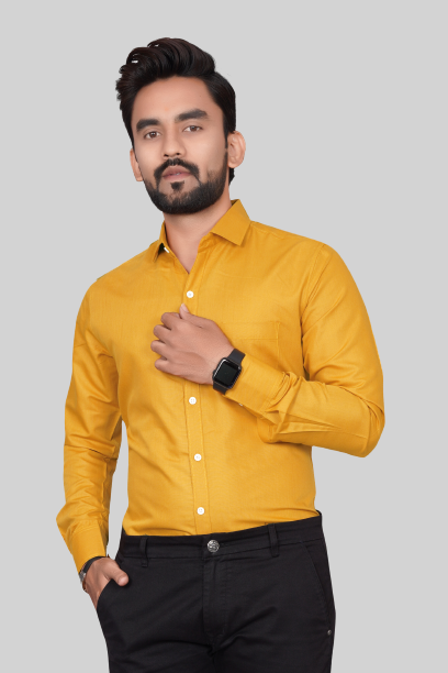 Men's Regular Fit Solid Spread Collar Casual Musterd Shirt