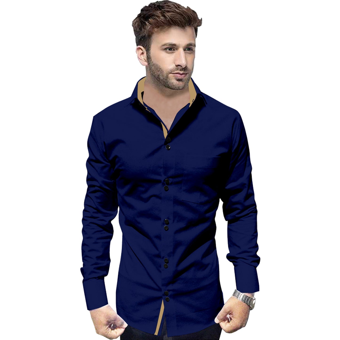 Men's Solid Slim Fit Cotton Double Button Navy Blue Shirt