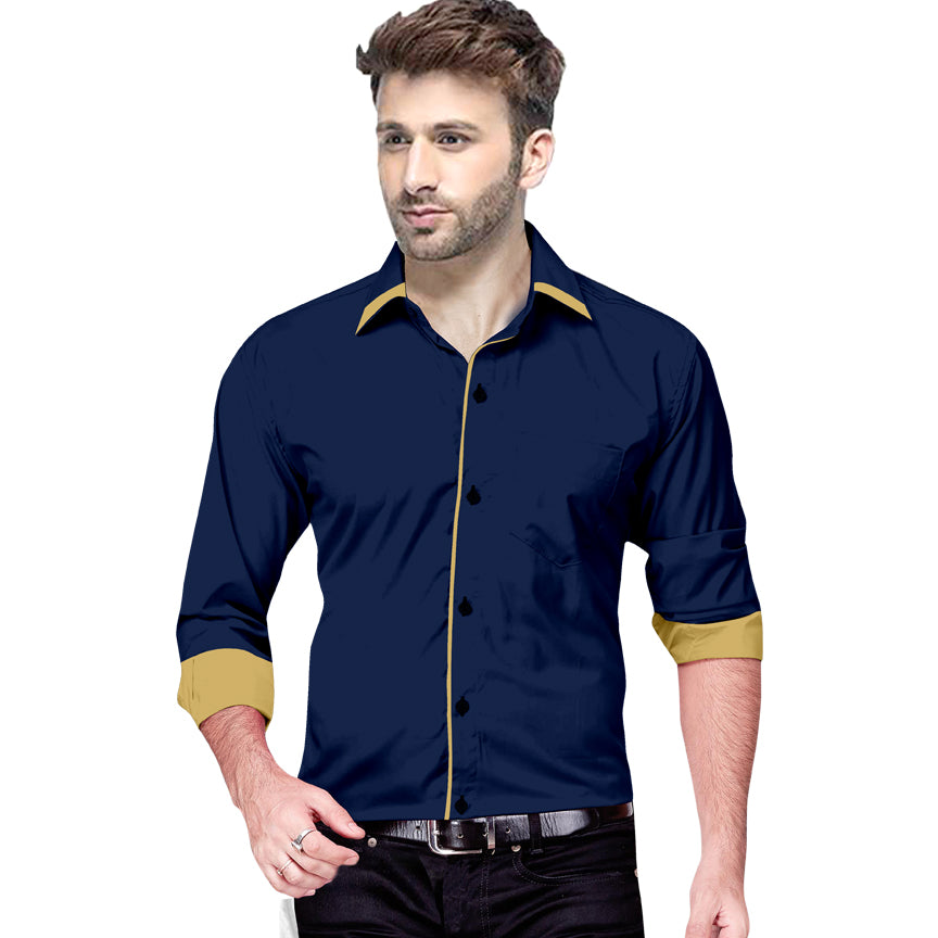Men's Liner Design Slim Fit Navy Blue Cotton Shirt