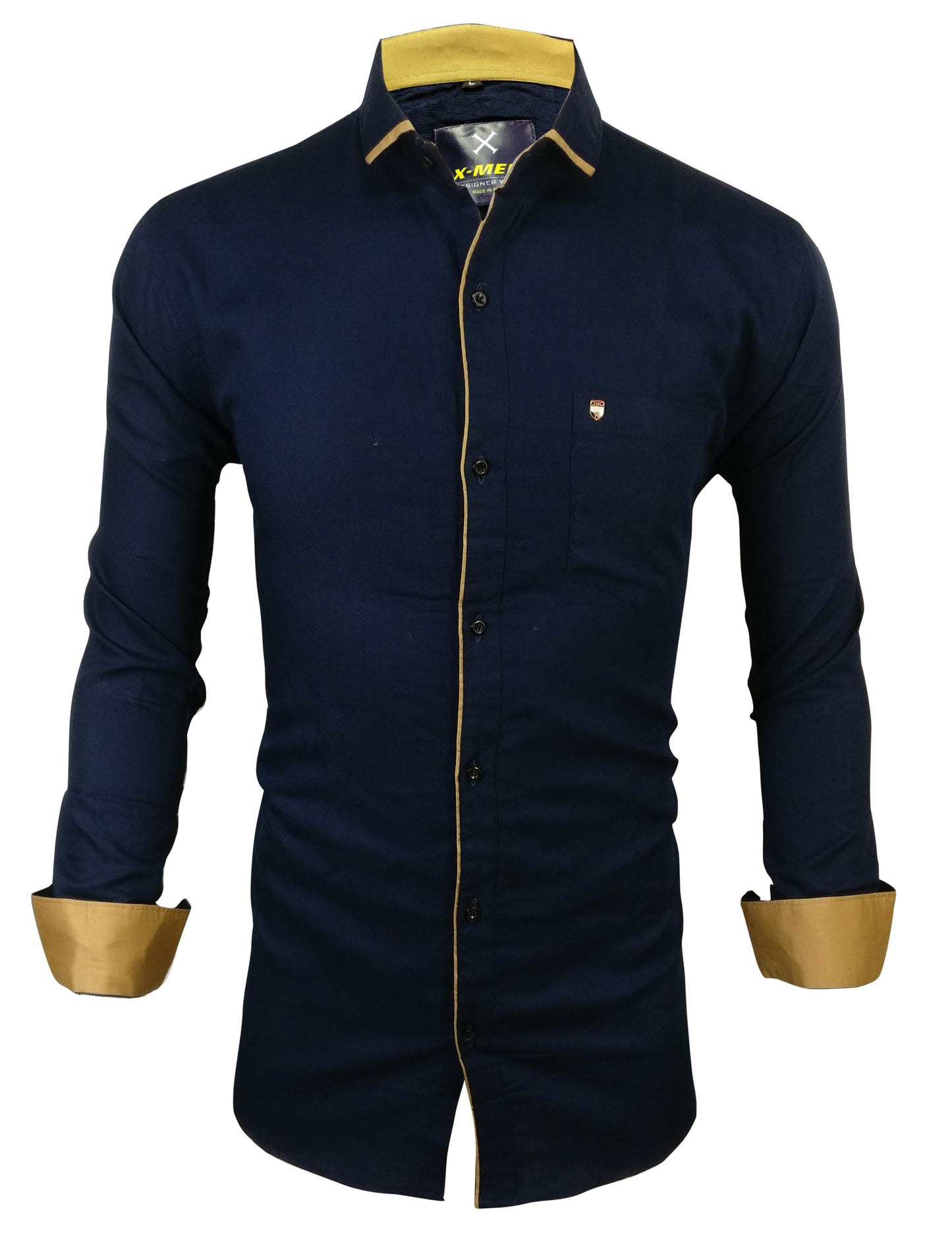 Men's Liner Design Slim Fit Navy Blue Cotton Shirt