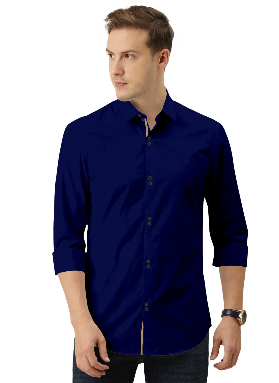 Men's Solid Slim Fit Cotton Double Button Navy Blue Shirt