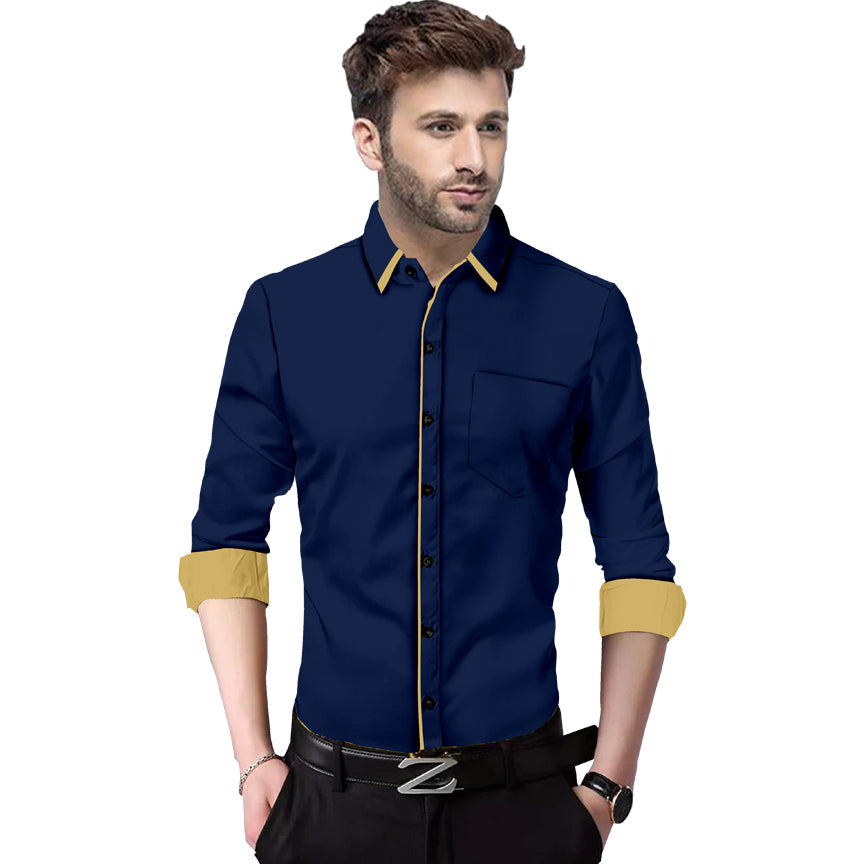 Men's Liner Design Slim Fit Navy Blue Cotton Shirt