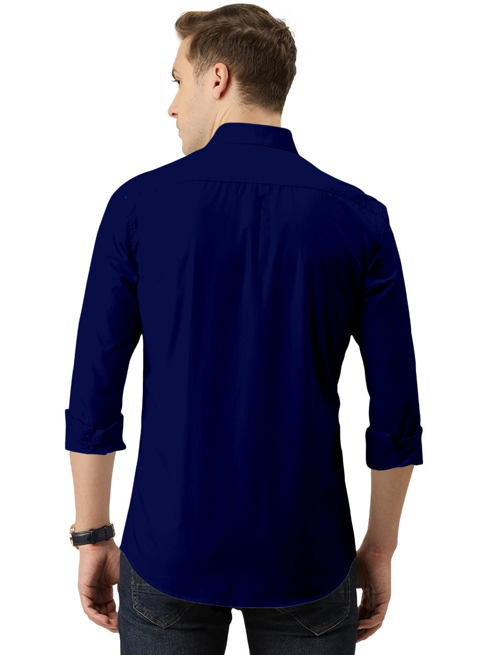 Men's Solid Slim Fit Cotton Double Button Navy Blue Shirt