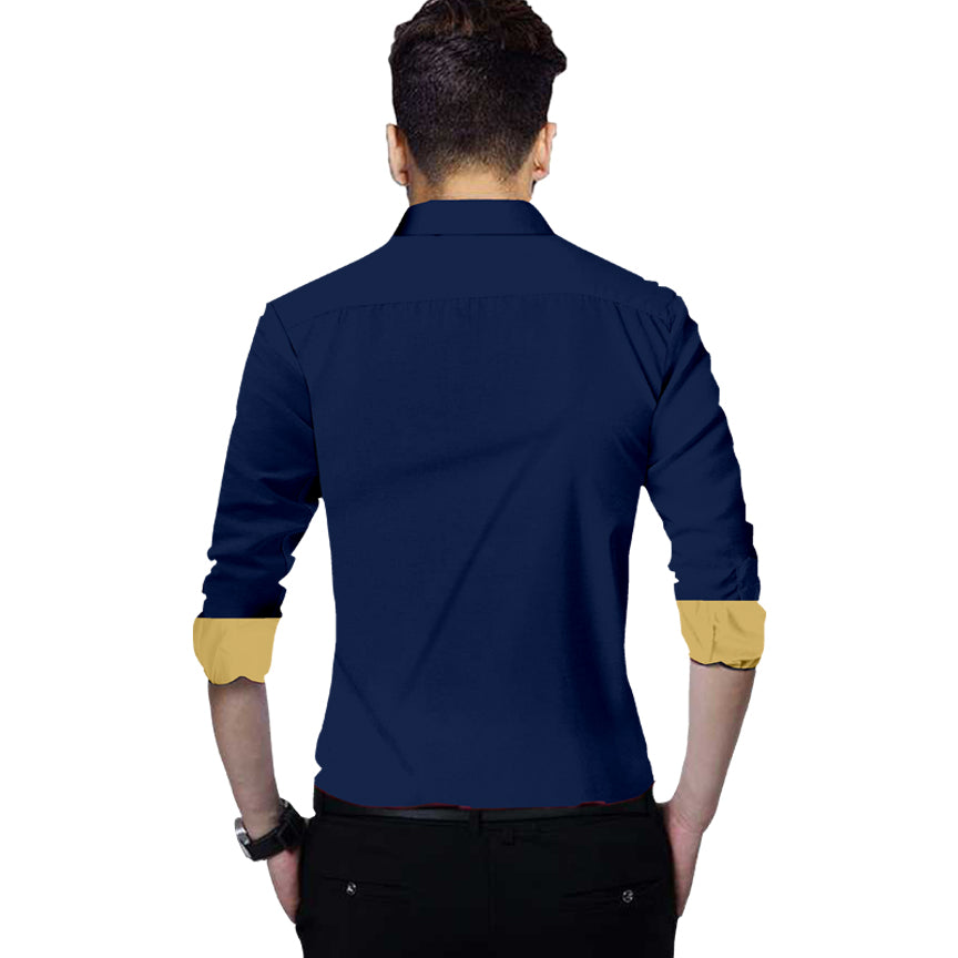 Men's Liner Design Slim Fit Navy Blue Cotton Shirt