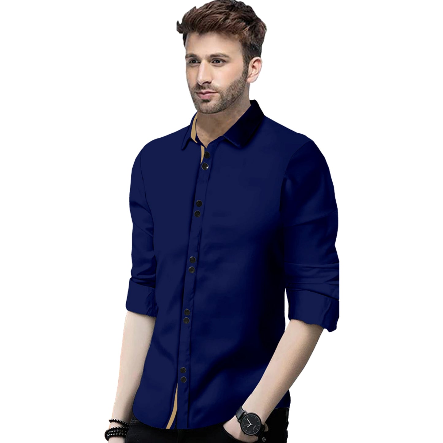 Men's Solid Slim Fit Cotton Double Button Navy Blue Shirt