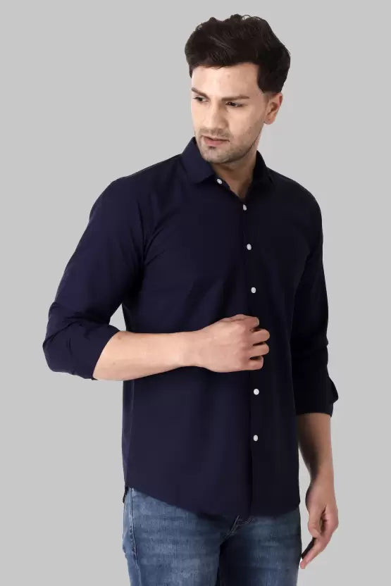 Men's Regular Fit Solid Spread Collar Casual Navy Blue Shirt