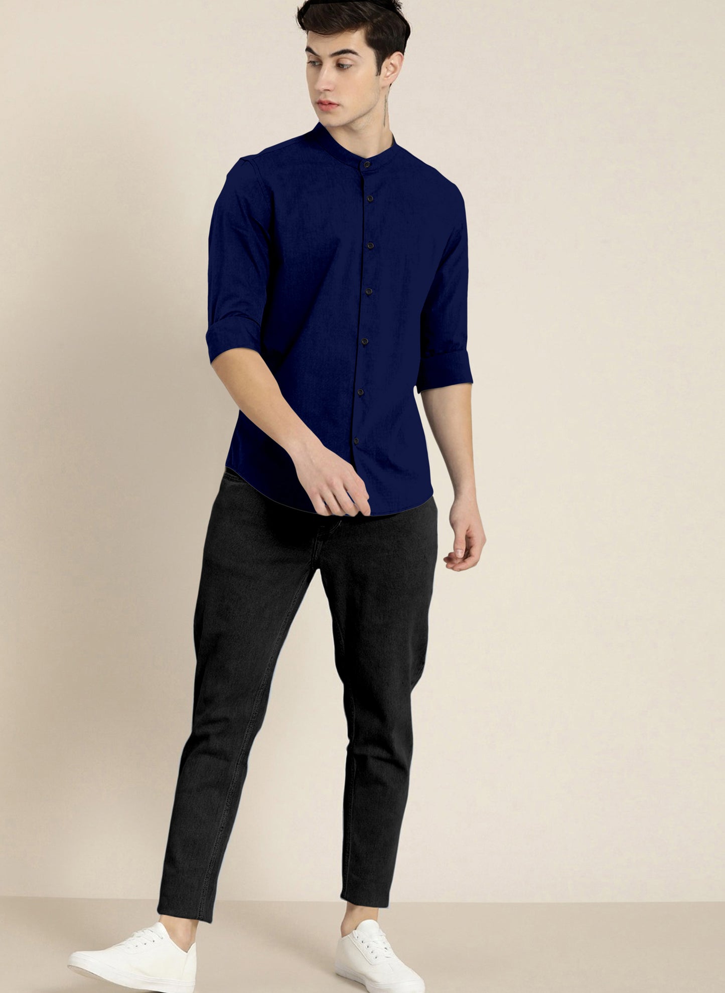 Stylish Navy Blue Men Slim Fit Solid Mandarin Collar Shirt