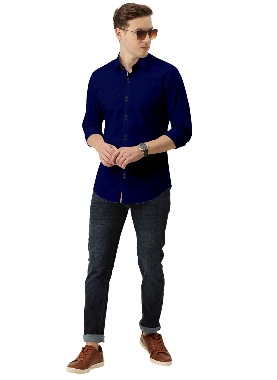 Men's Solid Slim Fit Cotton Double Button Navy Blue Shirt