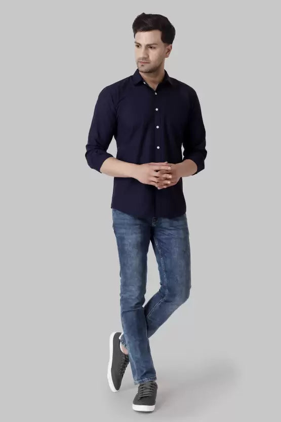 Men's Regular Fit Solid Spread Collar Casual Navy Blue Shirt