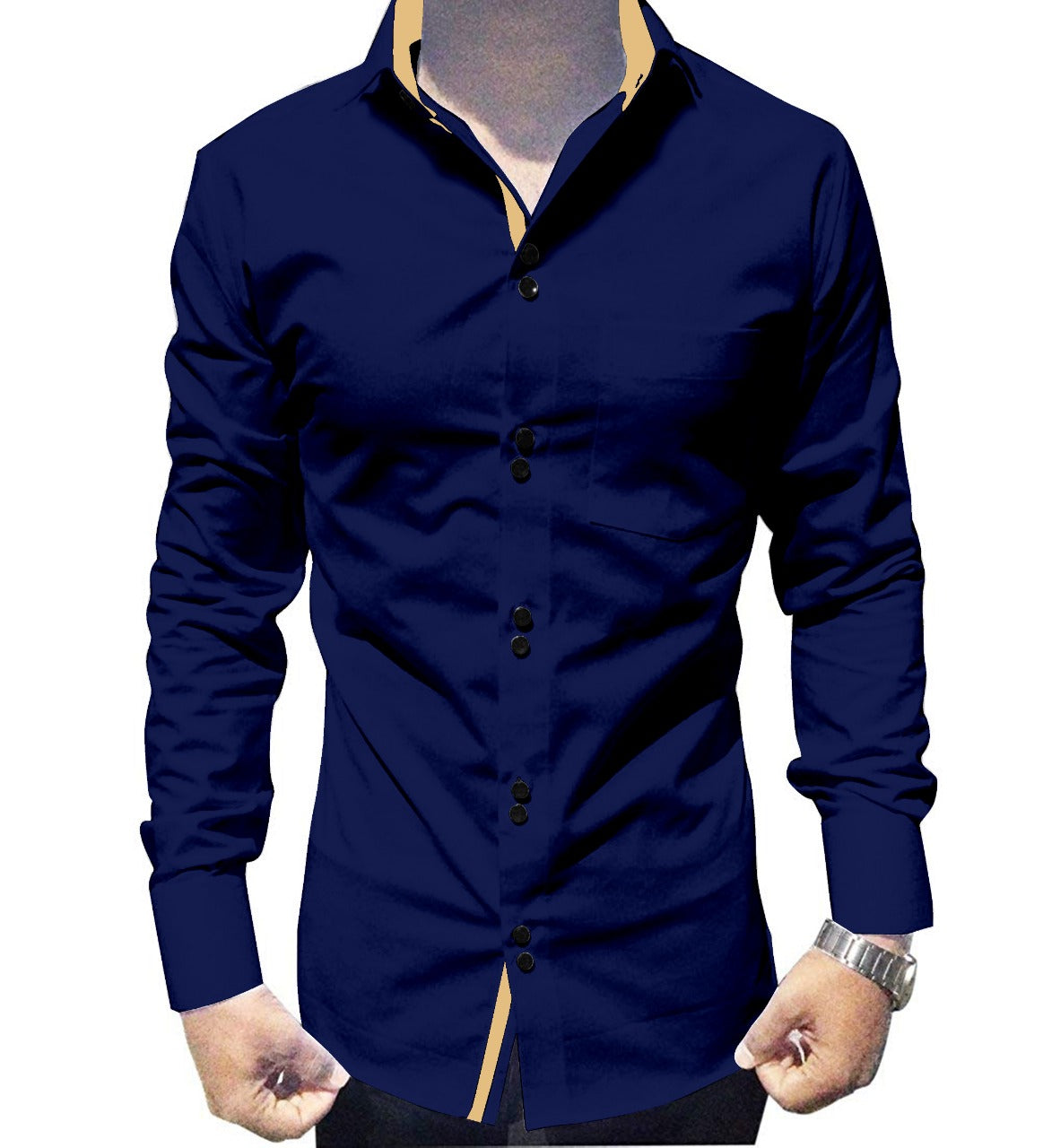 Men's Solid Slim Fit Cotton Double Button Navy Blue Shirt