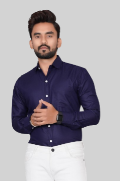 Men's Regular Fit Solid Spread Collar Casual Navy Blue Shirt