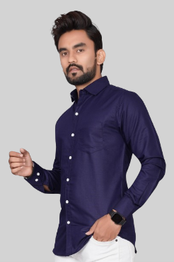 Men's Regular Fit Solid Spread Collar Casual Navy Blue Shirt