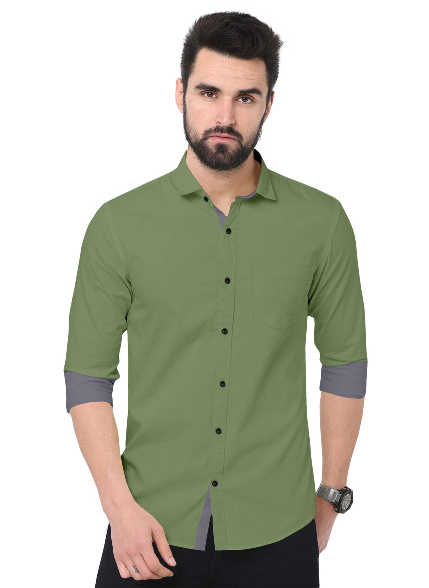 Men's Solid Plain Design Slim Fit Olive Cotton Shirt