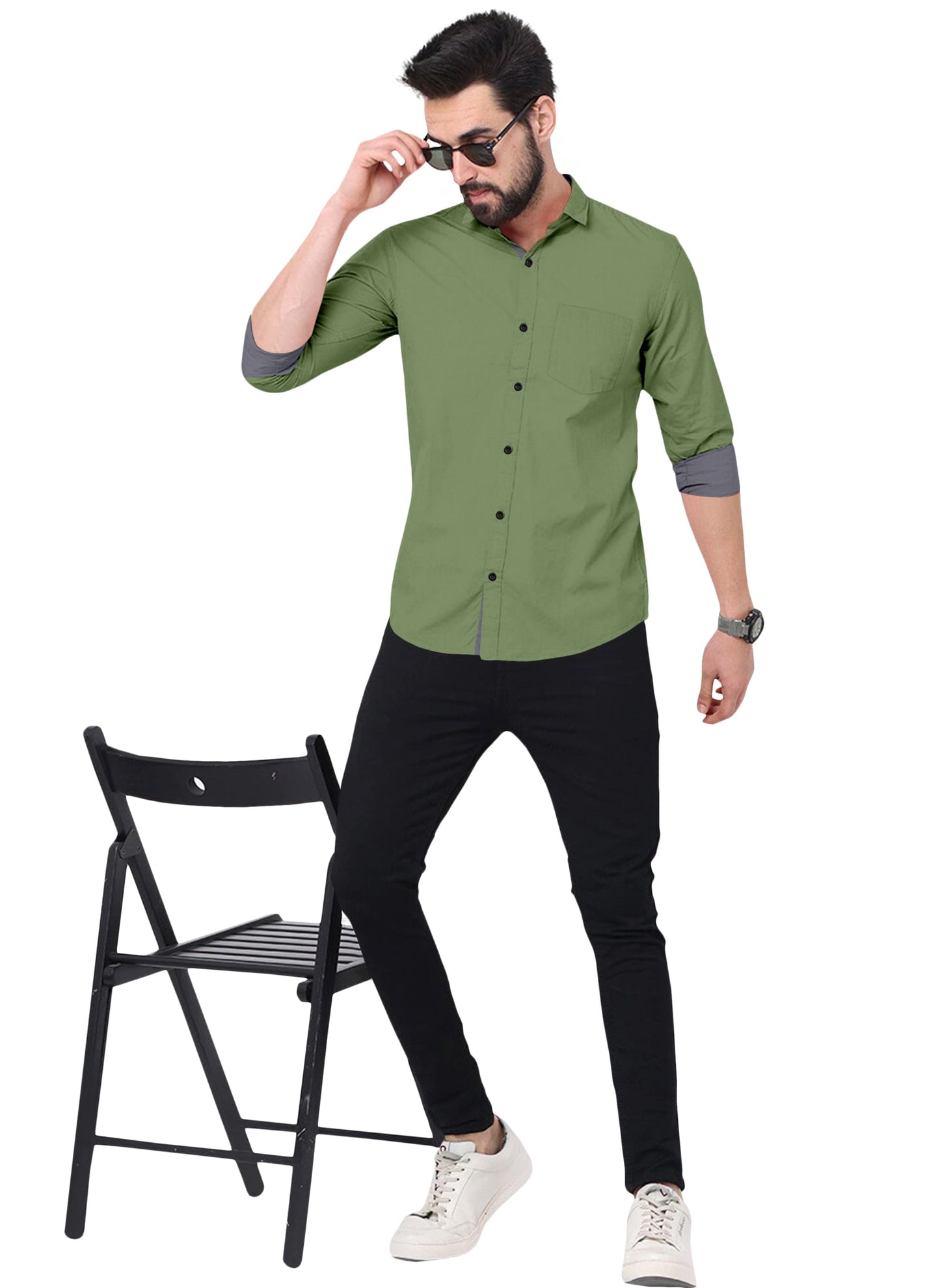 Men's Solid Plain Design Slim Fit Olive Cotton Shirt