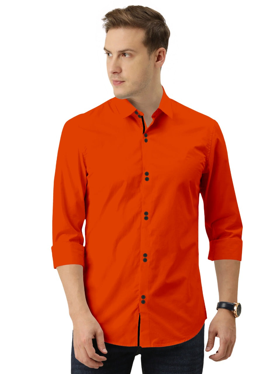 Men's Solid Slim Fit Cotton Double Button Orange Shirt