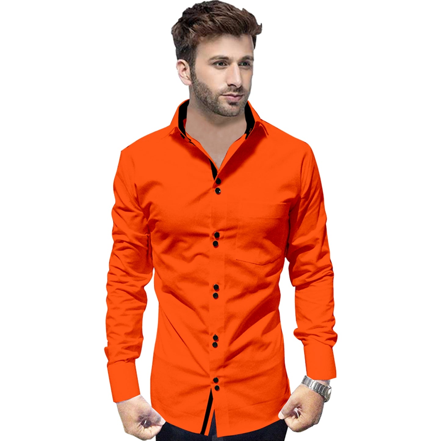 Men's Solid Slim Fit Cotton Double Button Orange Shirt