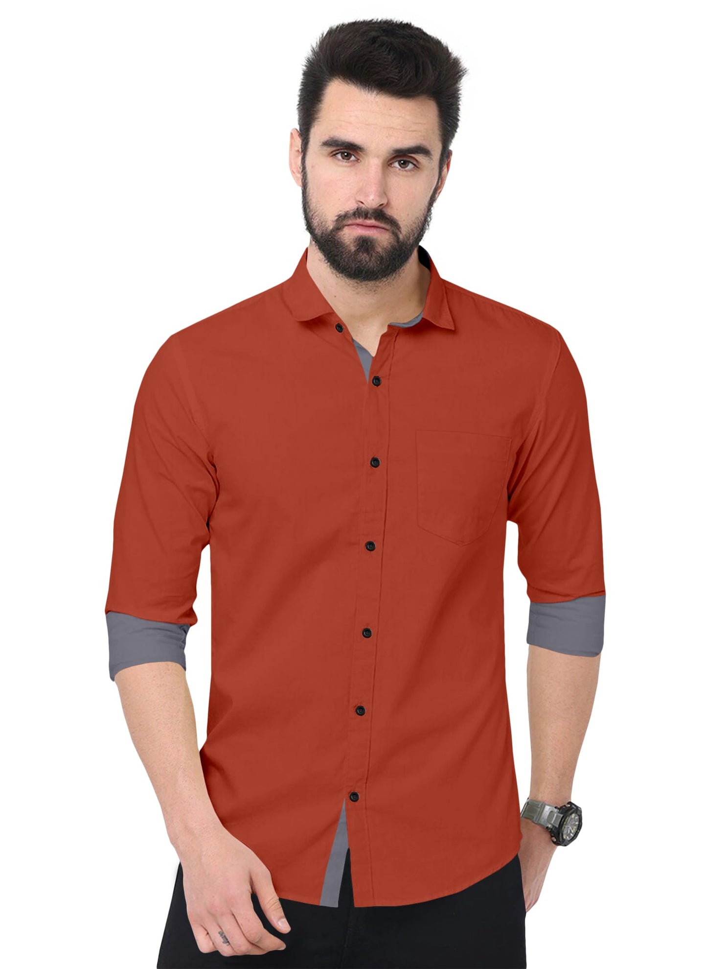 Men's Solid Plain Design Slim Fit Orange Cotton Shirt