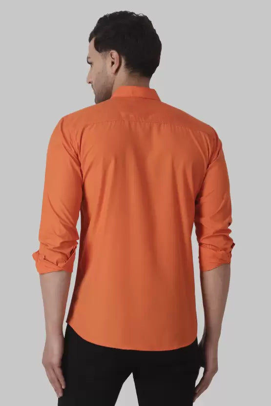 Men's Regular Fit Solid Spread Collar Casual Orange Shirt