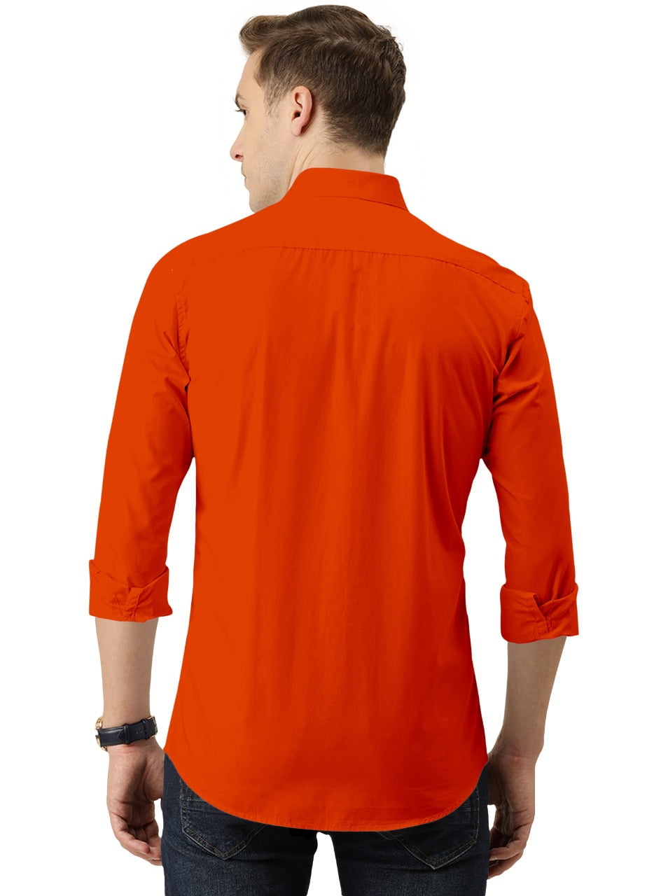 Men's Solid Slim Fit Cotton Double Button Orange Shirt