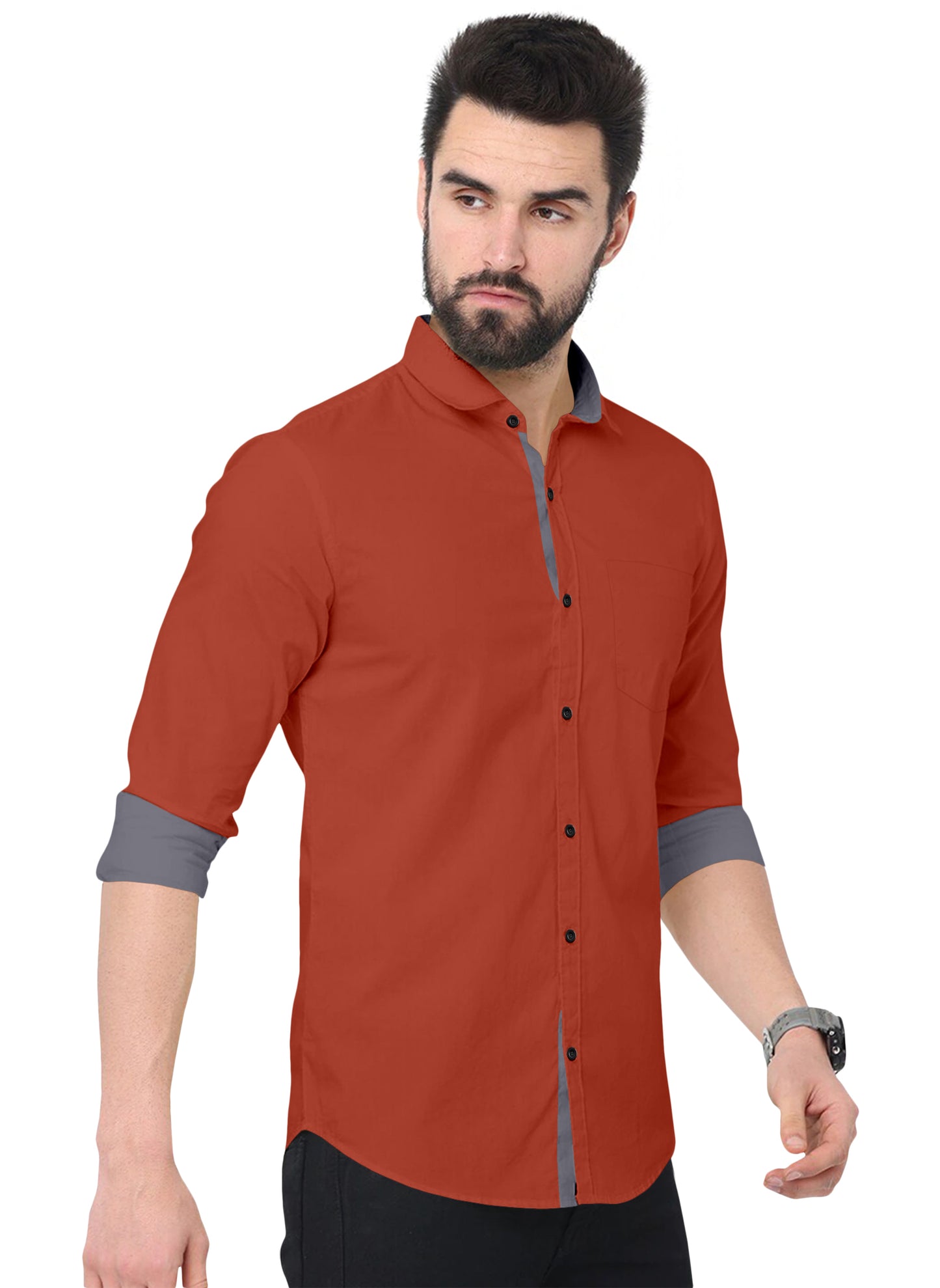Men's Solid Plain Design Slim Fit Orange Cotton Shirt