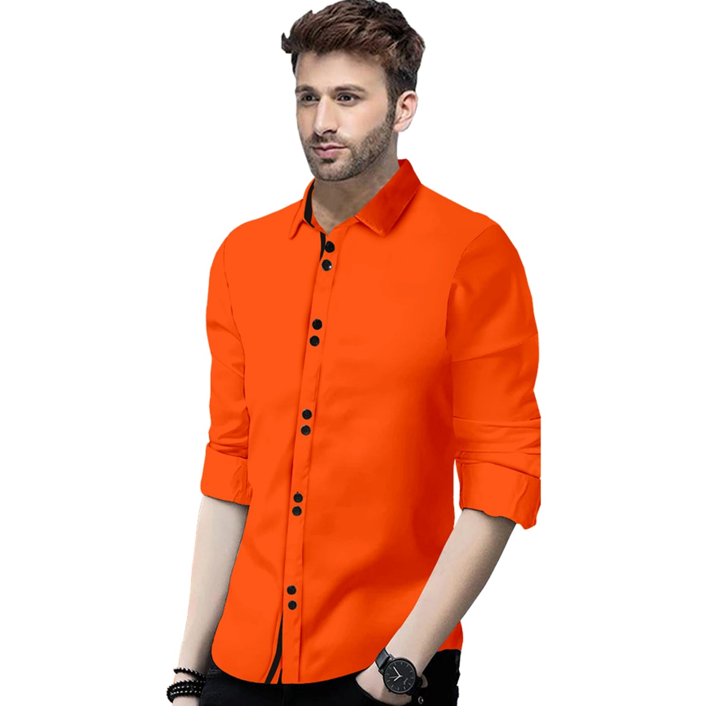 Men's Solid Slim Fit Cotton Double Button Orange Shirt