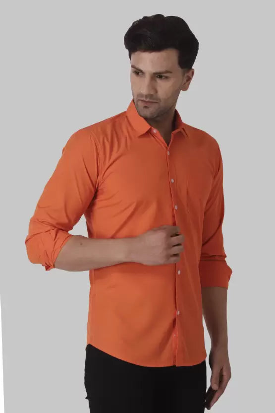 Men's Regular Fit Solid Spread Collar Casual Orange Shirt