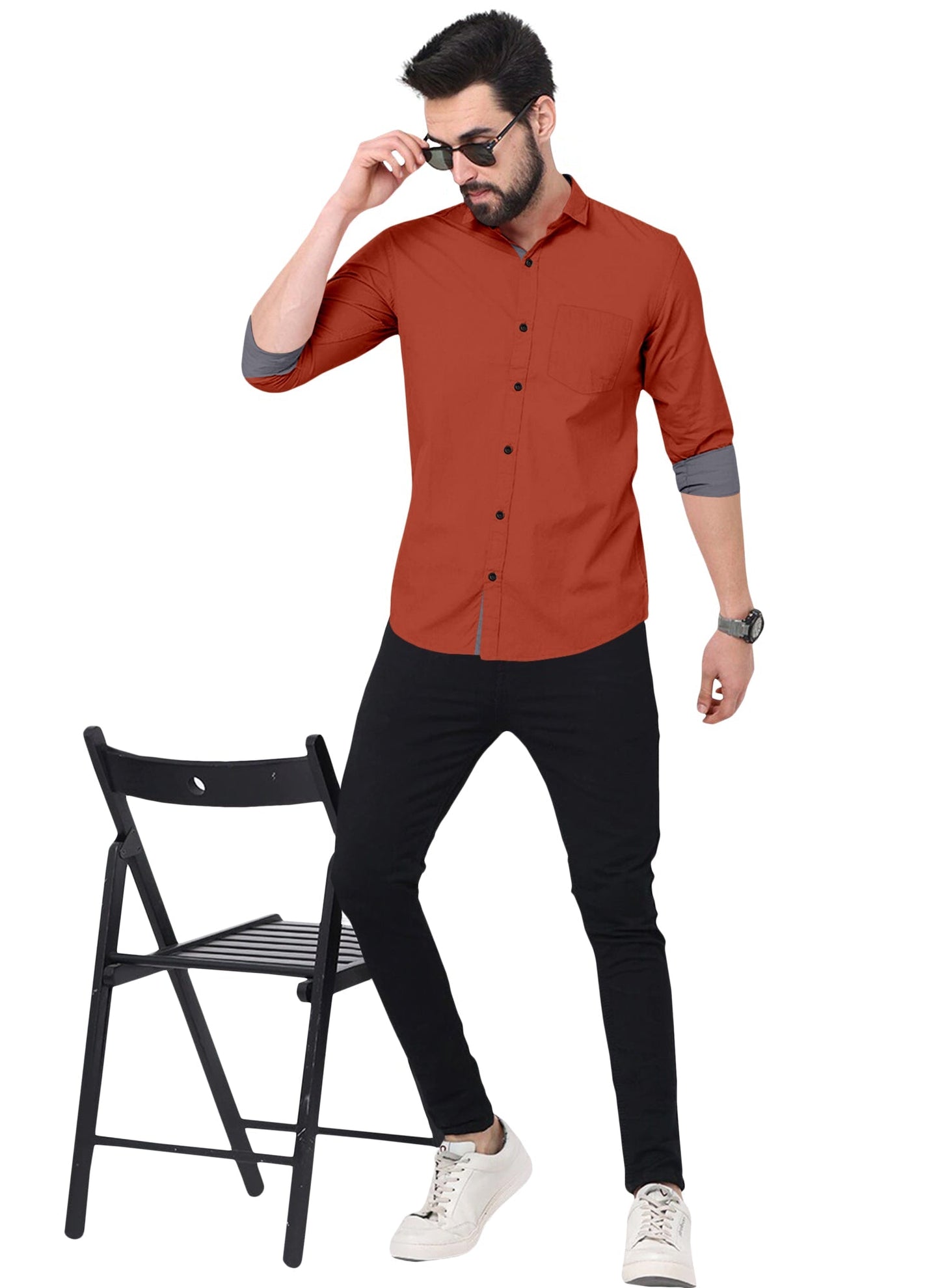 Men's Solid Plain Design Slim Fit Orange Cotton Shirt