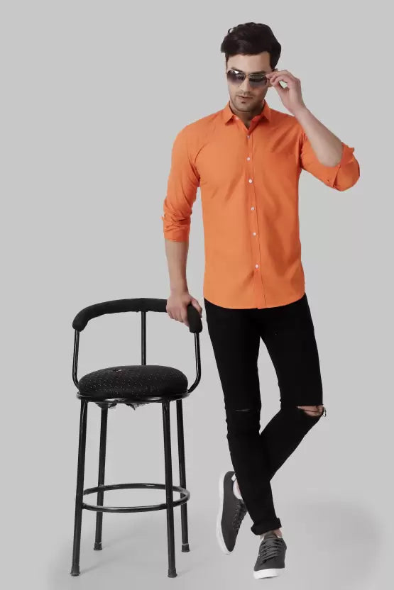 Men's Regular Fit Solid Spread Collar Casual Orange Shirt
