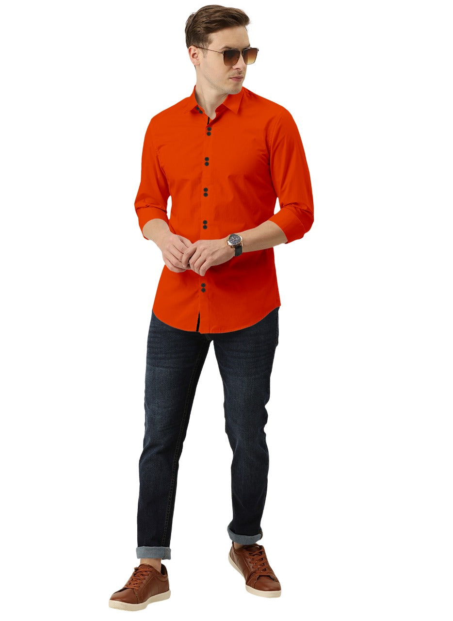 Men's Solid Slim Fit Cotton Double Button Orange Shirt