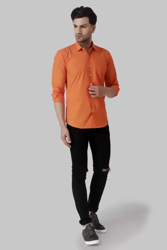 Men's Regular Fit Solid Spread Collar Casual Orange Shirt