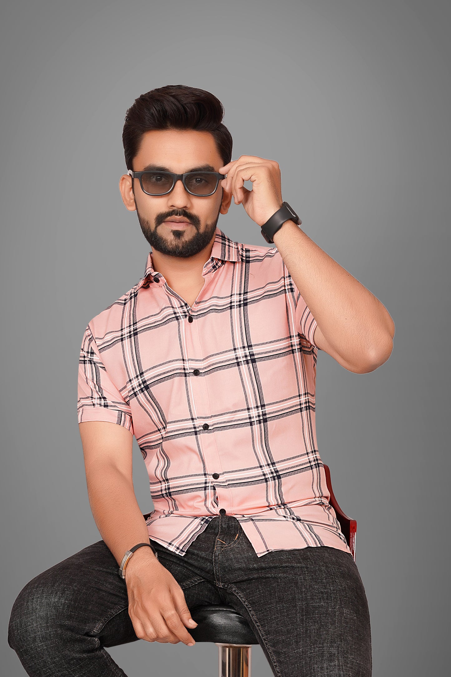 SUR-T Men Regular Fit Checkered Spread Collar Casual Peach Shirt