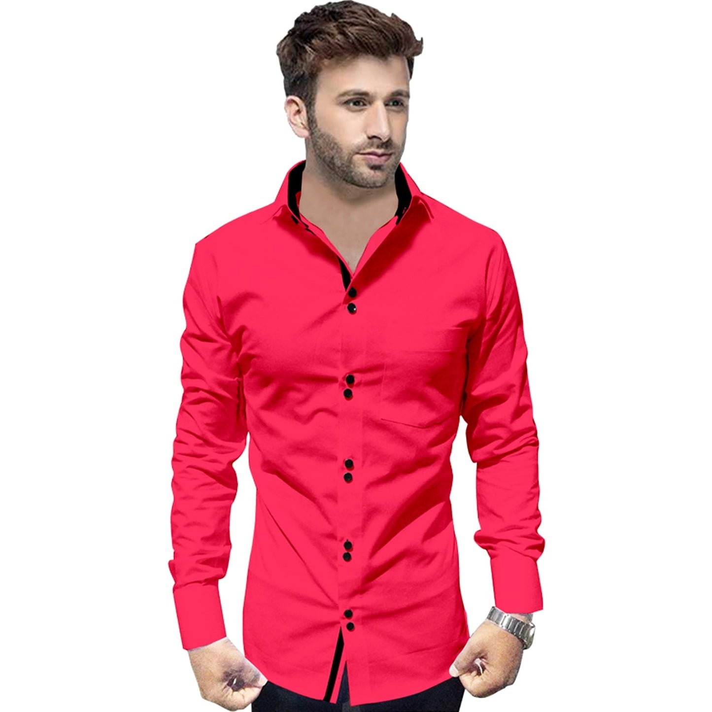 Men's Solid Slim Fit Cotton Double Button Dark Pink Shirt