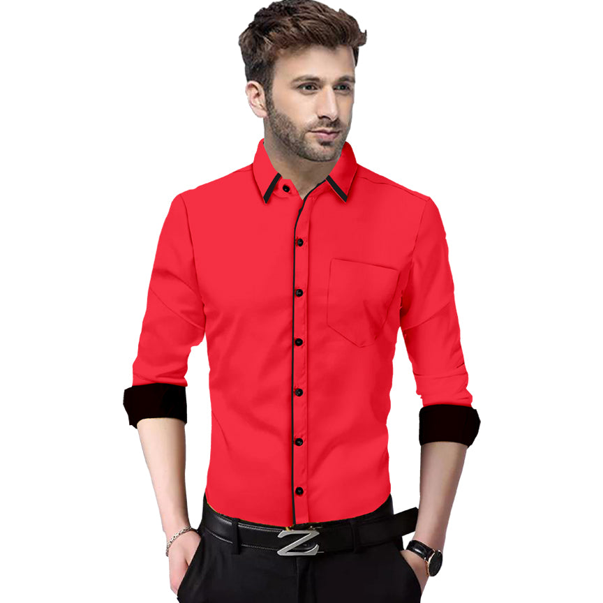 Men's Liner Design Slim Fit Dark Pink Cotton Shirt