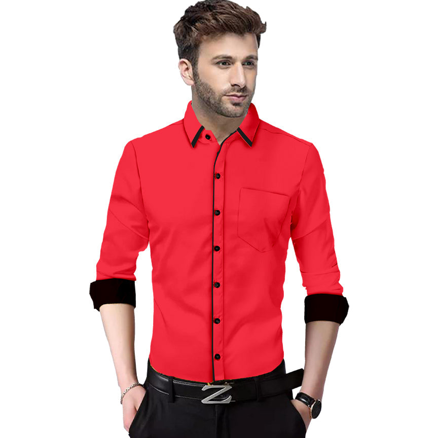 Men's Liner Design Slim Fit Dark Pink Cotton Shirt