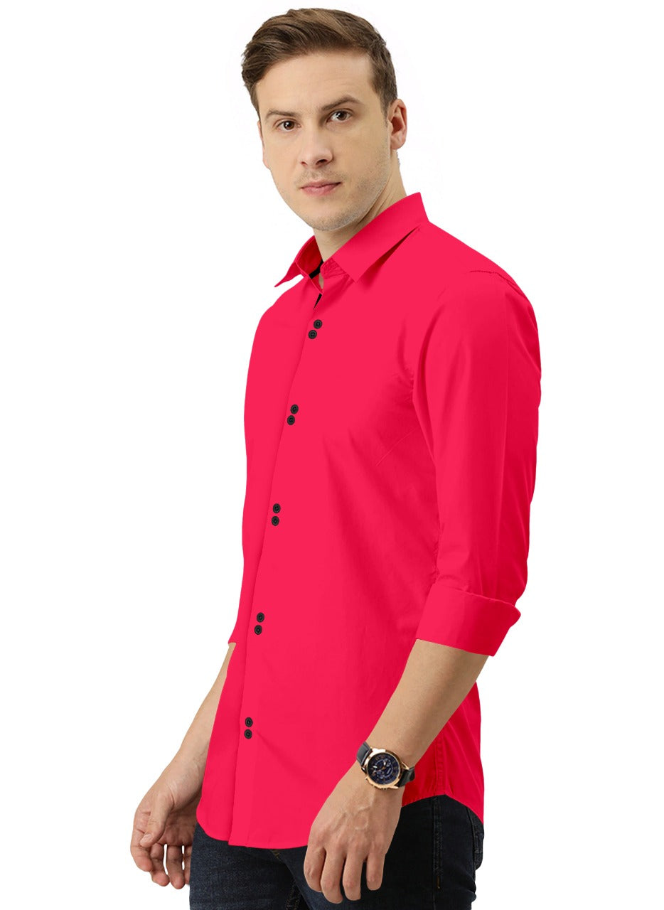 Men's Solid Slim Fit Cotton Double Button Dark Pink Shirt