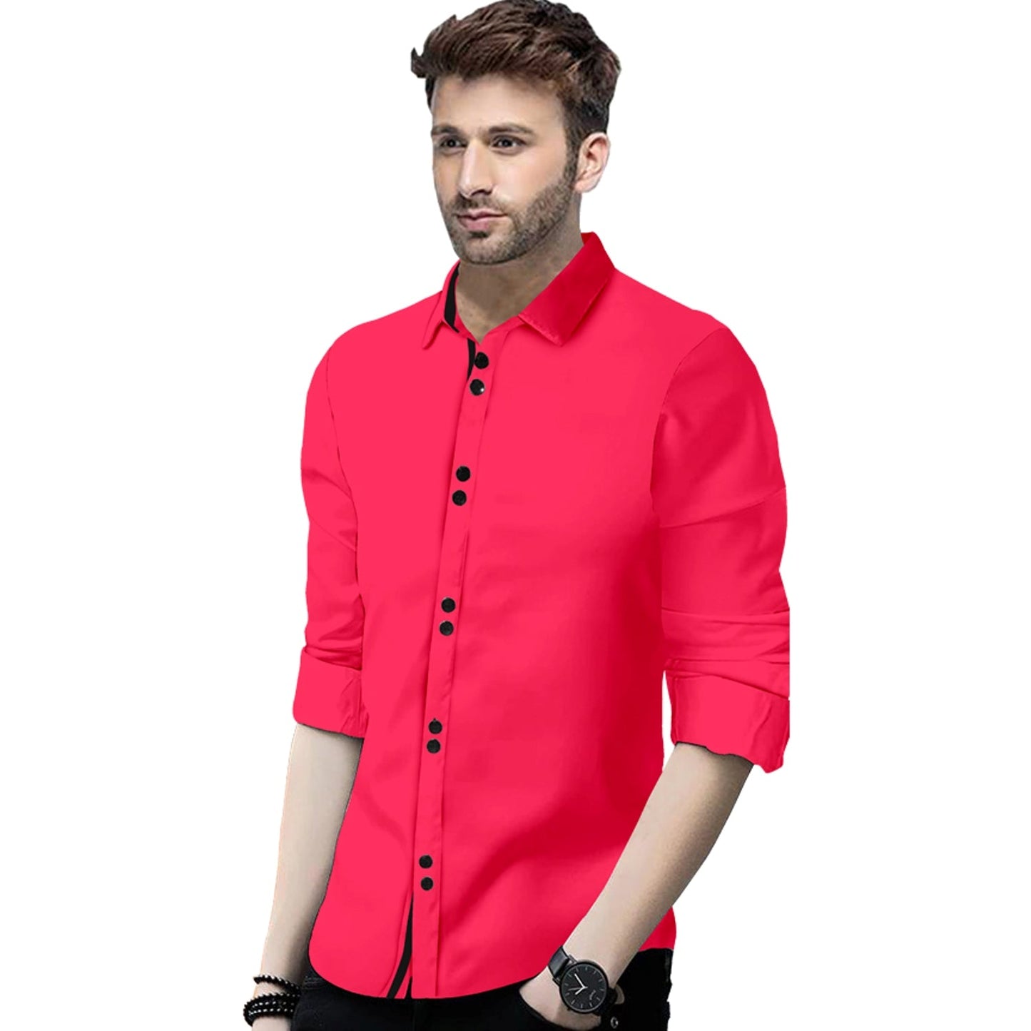 Men's Solid Slim Fit Cotton Double Button Dark Pink Shirt