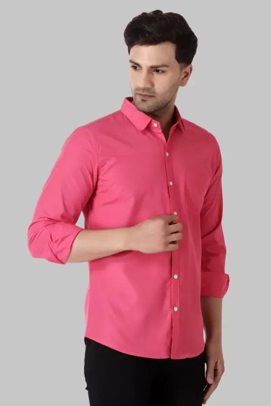 Men's Regular Fit Solid Spread Collar Casual Pink Shirt