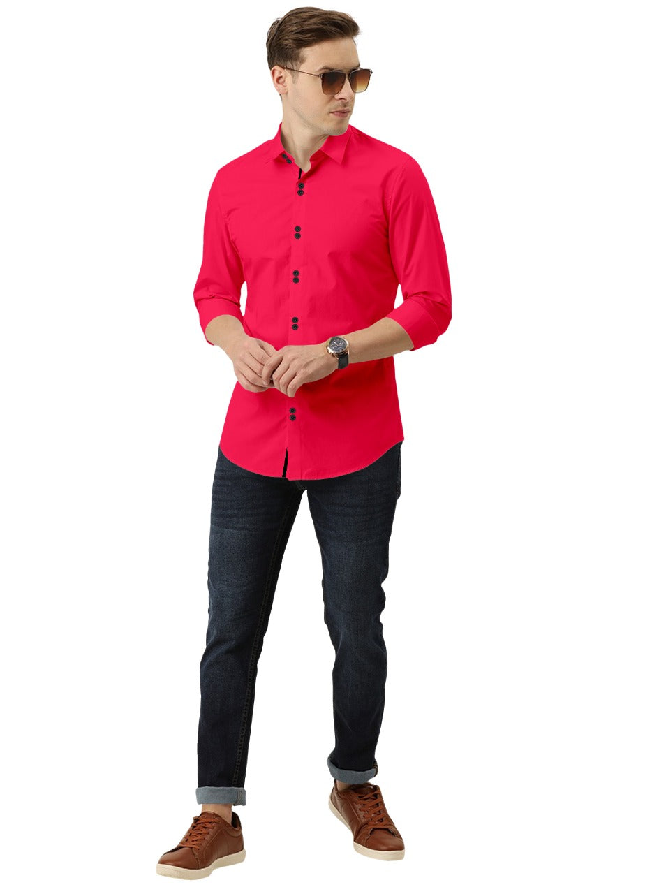 Men's Solid Slim Fit Cotton Double Button Dark Pink Shirt