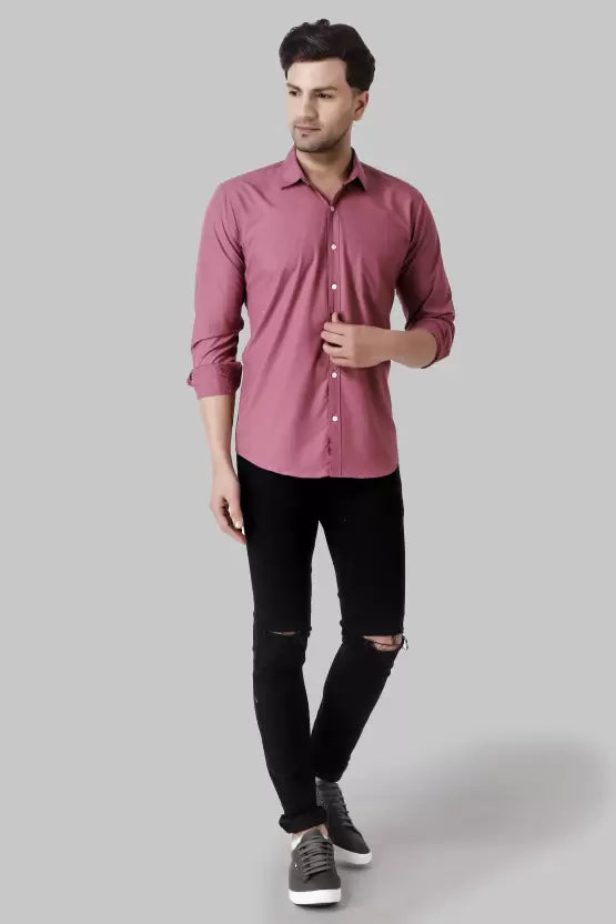 Men's Regular Fit Solid Spread Collar Casual Magenta Shirt