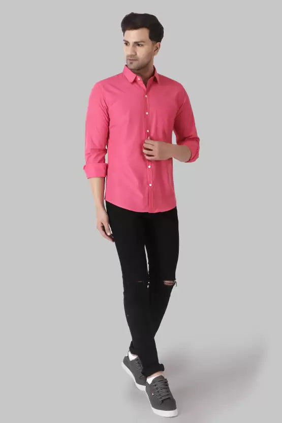 Men's Regular Fit Solid Spread Collar Casual Pink Shirt