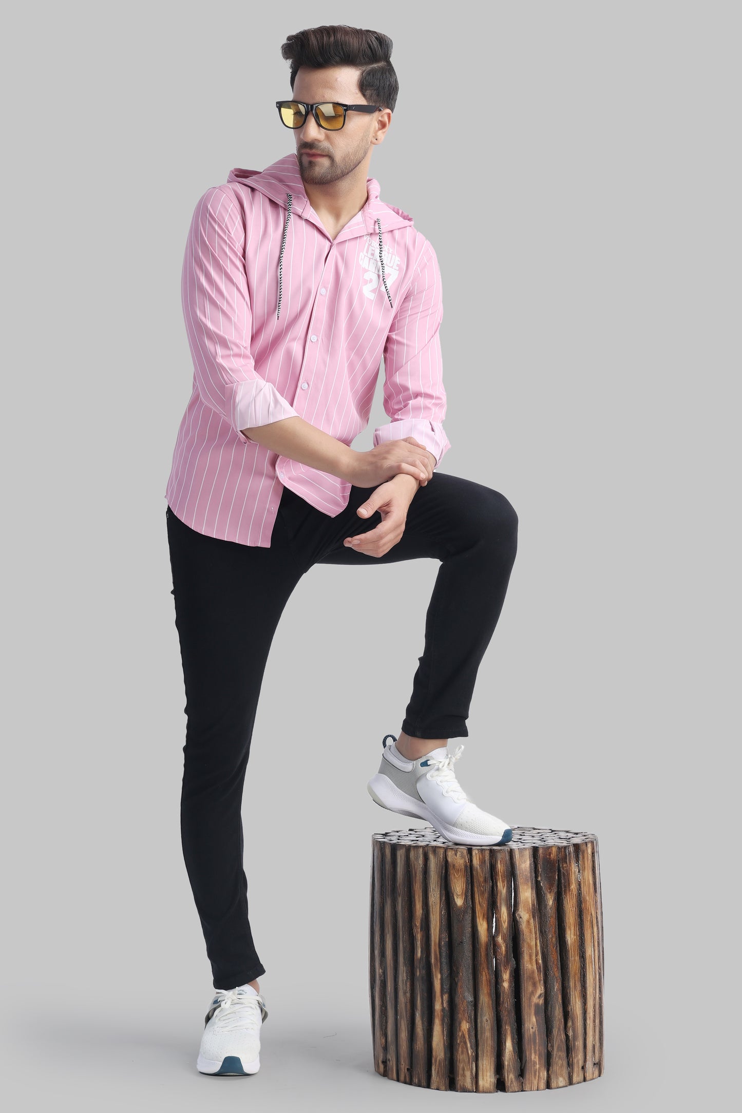 SUR-T Men's Regular Fit Striped Ribbed Collar Casual Pink Shirt