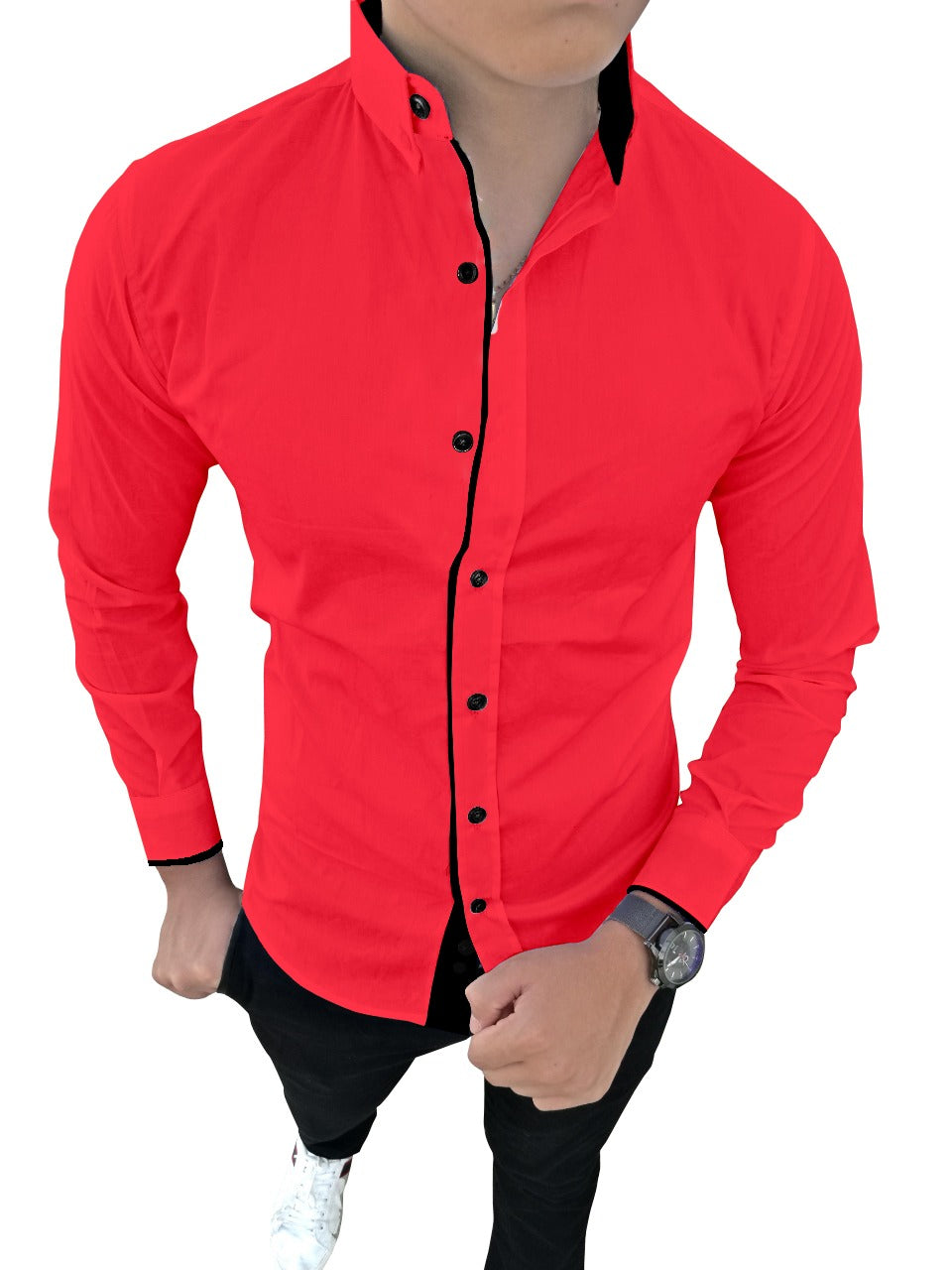 Men's Liner Design Slim Fit Dark Pink Cotton Shirt