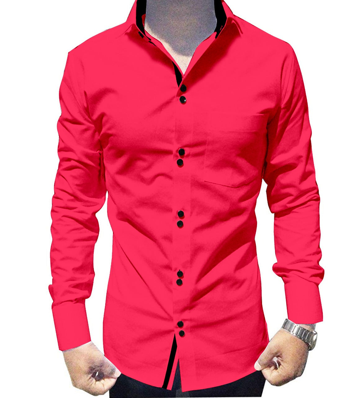 Men's Solid Slim Fit Cotton Double Button Dark Pink Shirt