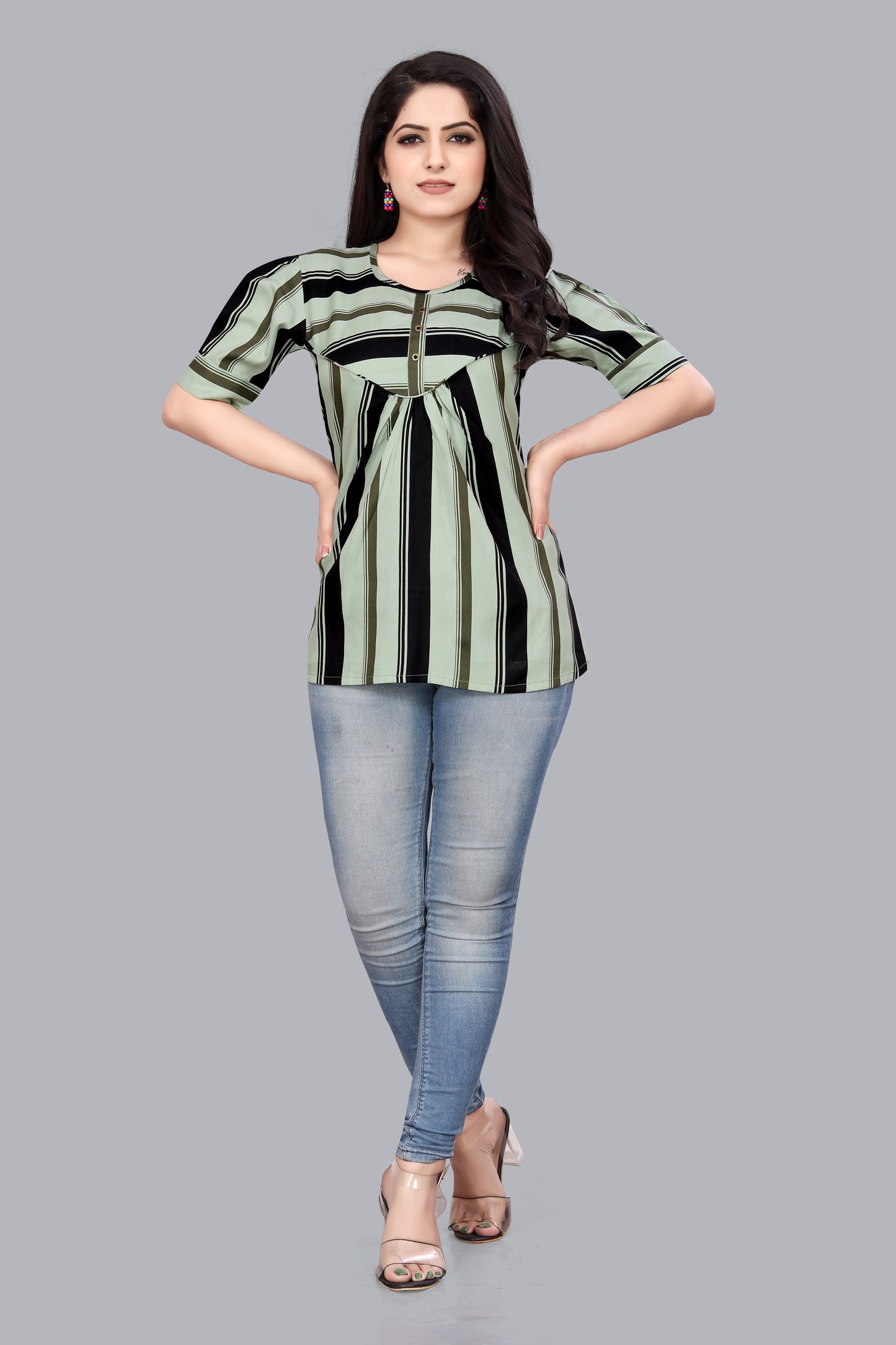SUR-T Casual Regular Sleeves Striped Women Pista Green Top