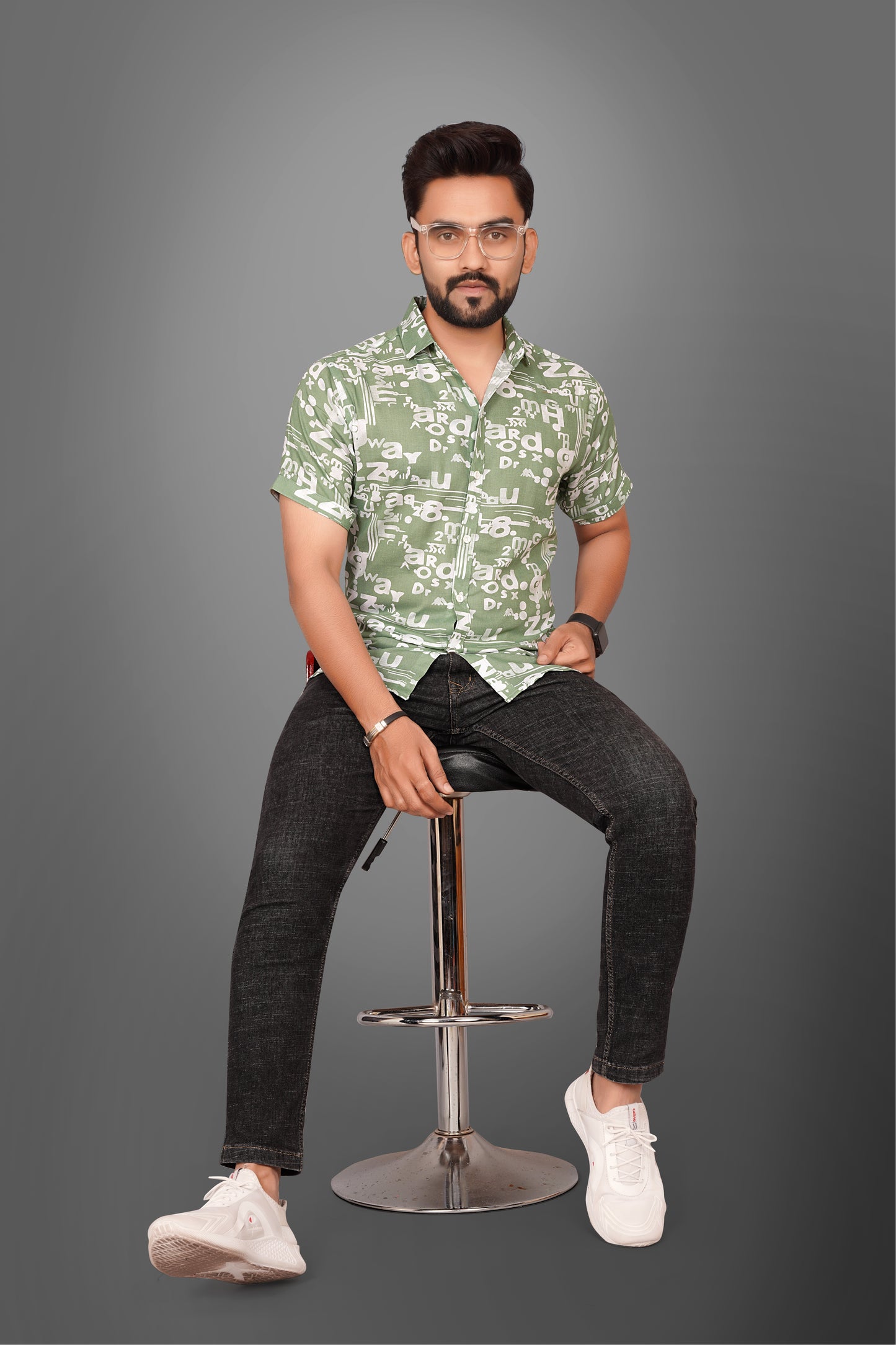 SUR-T Men's Regular Fit Printed Spread Collar Casual Sea Green Shirt
