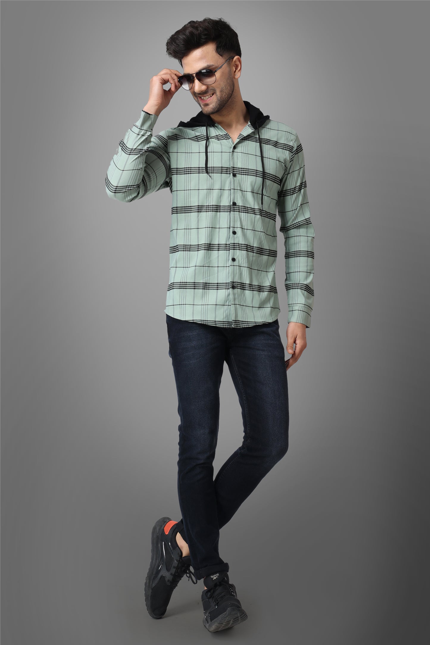 SUR-T Men's Regular Fit Checkered Hood Collar Casual Sea Green Classic Hoodie Shirt